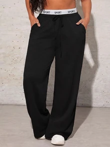 SHEIN PETITE CURVE Celana Olahraga Ukuran Besar dengan Pita Pinggang Berbentuk Huruf - Hitam - View 7