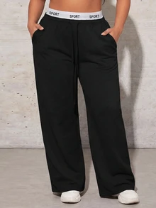 SHEIN PETITE CURVE Celana Olahraga Ukuran Besar dengan Pita Pinggang Berbentuk Huruf - Hitam - View 6