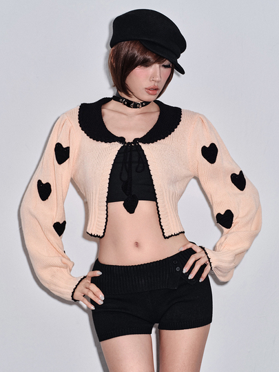 Sweetness Herbst/Winter süßes Mädchen Schwarz & Rosa Herz 3D Dekor gekürzter Cardigan