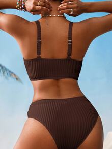 Swim Vcay Women V-Neck Textured Striped Bikini Set For Summer Beach Vacation - Brown - View 2