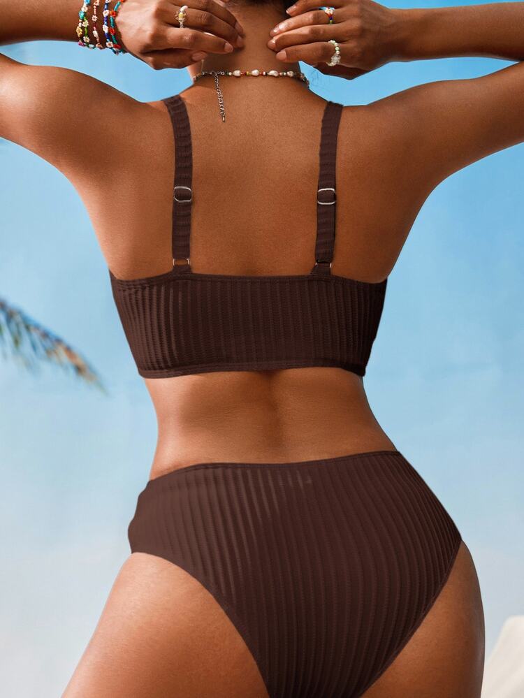 Swim Vcay Women V-Neck Textured Striped Bikini Set For Summer Beach Vacation - Brown - View 2