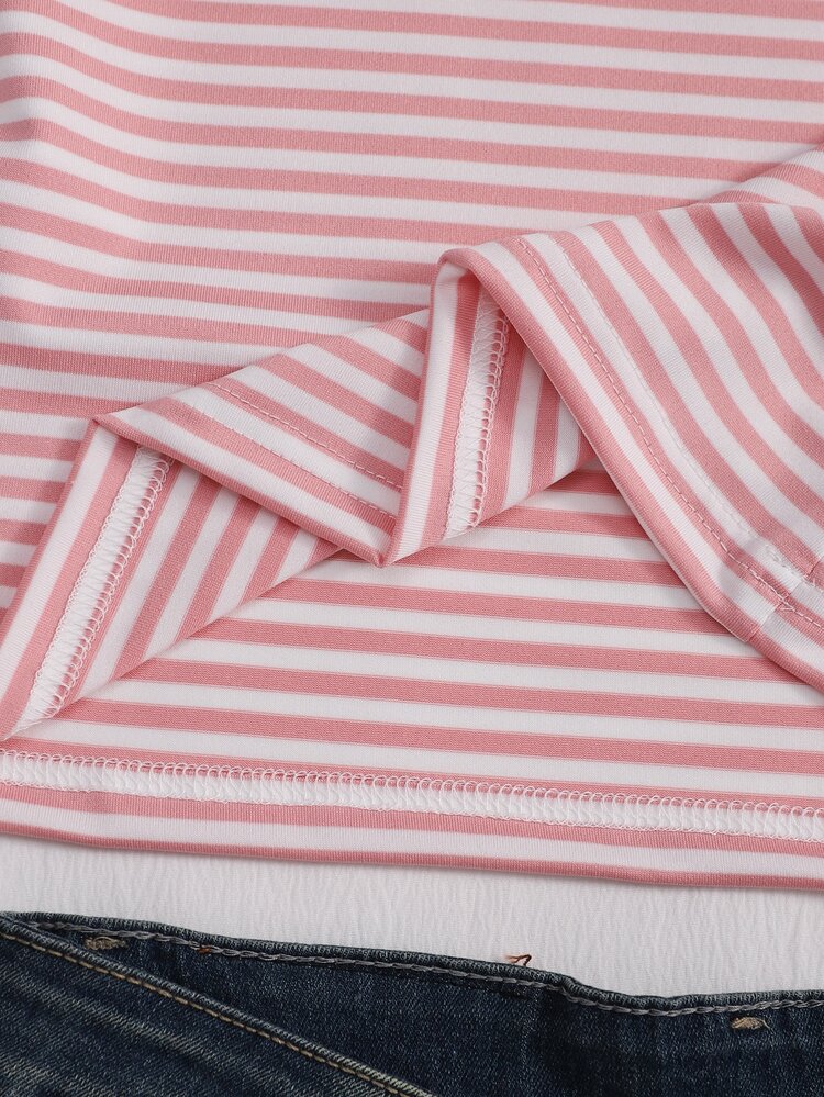 SHEIN Spring/Autumn New Girls' Striped Long Sleeve Base Layer T-Shirt, Kids Henley Collar 2-Button Slim Fit Inner Top, Soft Skin-Friendly Elastic Fabric Comfortable, Waist-Cinching Fit, Simple Classic Striped Versatile Basic Style, Suitable For Daily School, Casual Outings, Wear Alone Or Layered, Gentle Youthful Long Sleeve Top - Pink - View 6