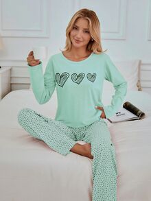 EURMUSE 100% Cotton 2Pcs  Heart Printed PJ Set - Mint Green - View 6