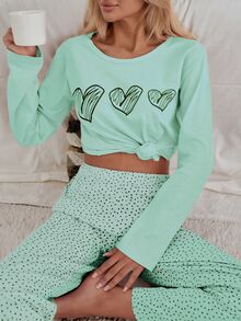 EURMUSE 100% Cotton 2Pcs  Heart Printed PJ Set - Mint Green - View 7