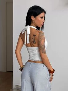 Coolane 女款夏季休閒浪漫性感優雅度假海灘外出夜生活約會蕾絲彈性白色修身掛脖背心 - 白色 - 查看 7