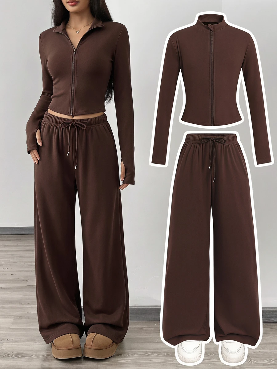 SHEIN Tween Girl Casual Solid Tween Girl Color Jacket And Pants Set - Brown - View 1