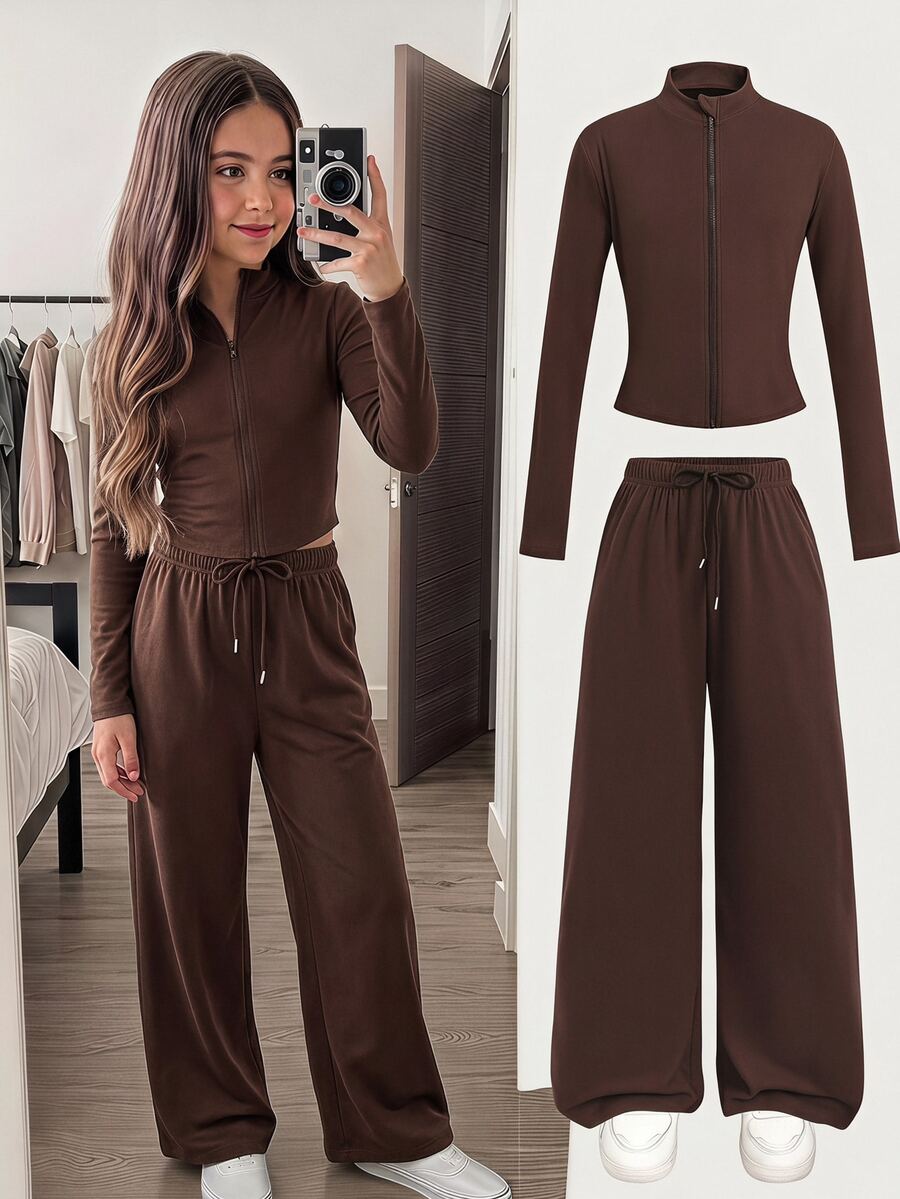 SHEIN 青少年女孩休閒純色童裝外套與長褲套裝 - 棕色 - 查看 1