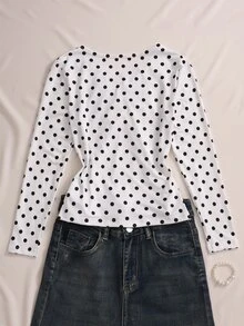 SHEIN Sparklyn 少女波點印花百褶韓風長袖T恤 - 白色 - 查看 2
