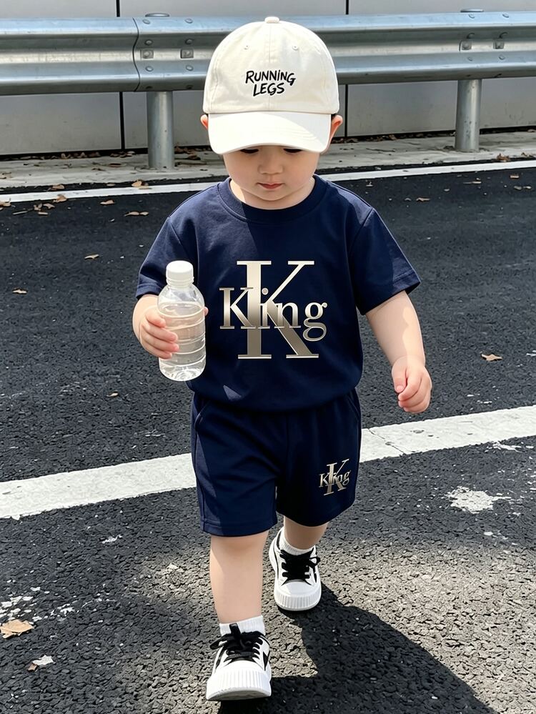 1 Random Set, Baby Boy Navy Blue Red White Color Block Striped Letter Print Short Sleeve T-Shirt Shorts Set Casual Sports Back To School Outfits - Multicolor - View 2
