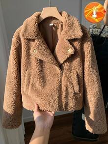 SHEIN 青少年女孩加厚保暖內裡翻領短夾克，仿麂皮保暖夾克，機車夾克，秋冬款 - 棕色 - 查看 1