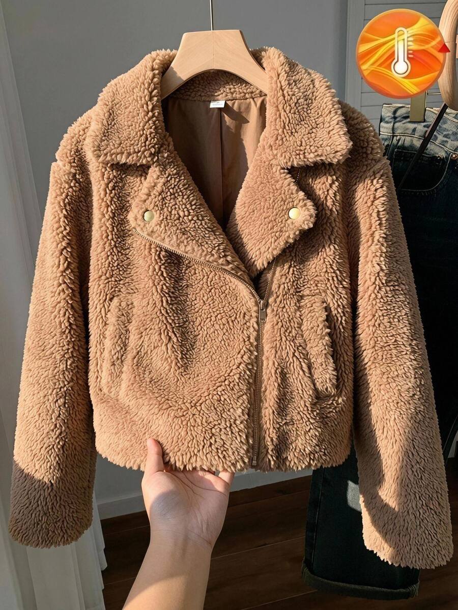 SHEIN 青少年女孩加厚保暖內裡翻領短夾克,仿麂皮保暖夾克,機車夾克,秋冬款 - 棕色 - 查看 1