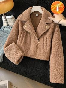 SHEIN 青少年女孩加厚保暖內裡翻領短夾克，仿麂皮保暖夾克，機車夾克，秋冬款 - 棕色 - 查看 2