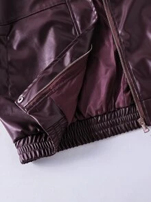 SHEIN 青少年女孩外套 秋季服飾 休閒時尚 梭織皮革面料內裡 梭織布料夾克 寬鬆舒適 適合秋冬日常穿著 - 咖啡棕 - 查看 4