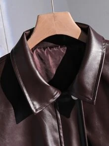 SHEIN 青少年女孩外套 秋季服飾 休閒時尚 梭織皮革面料內裡 梭織布料夾克 寬鬆舒適 適合秋冬日常穿著 - 咖啡棕 - 查看 3