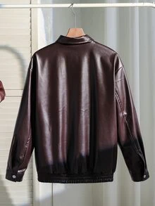 SHEIN 青少年女孩外套 秋季服飾 休閒時尚 梭織皮革面料內裡 梭織布料夾克 寬鬆舒適 適合秋冬日常穿著 - 咖啡棕 - 查看 6
