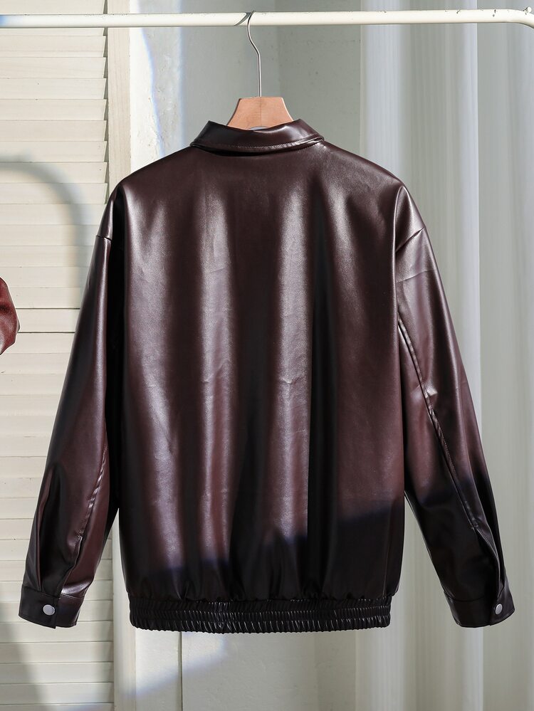 SHEIN Teen Girls Casual Fashion Woven Leather Fabric Lining Woven Fabric Jacket Loose Fit Comfortable Suitable For Autumn Winter Daily Commute Outing Gathering Photography Shopping - Coffee Brown - View 6