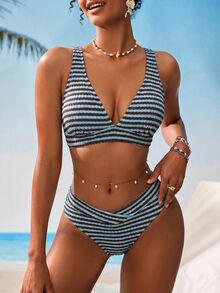 Swim Vcay 女款V領背心上衣紋理條紋面料泳裝套裝 - 彩色 - 查看 3
