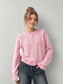 SHEIN Teen Girls Autumn/Winter Fashion Plaid Bow Minimalist Knitted Cardigan Long Sleeve,Back To School Clothes Girls - Pink - View 10