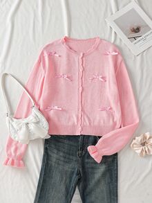 SHEIN Teen Girls Autumn/Winter Fashion Plaid Bow Minimalist Knitted Cardigan Long Sleeve,Back To School Clothes Girls - Pink - View 9