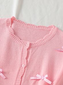 SHEIN Teen Girls Autumn/Winter Fashion Plaid Bow Minimalist Knitted Cardigan Long Sleeve,Back To School Clothes Girls - Pink - View 5