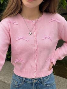 SHEIN Teen Girls Autumn/Winter Fashion Plaid Bow Minimalist Knitted Cardigan Long Sleeve,Back To School Clothes Girls - Pink - View 1