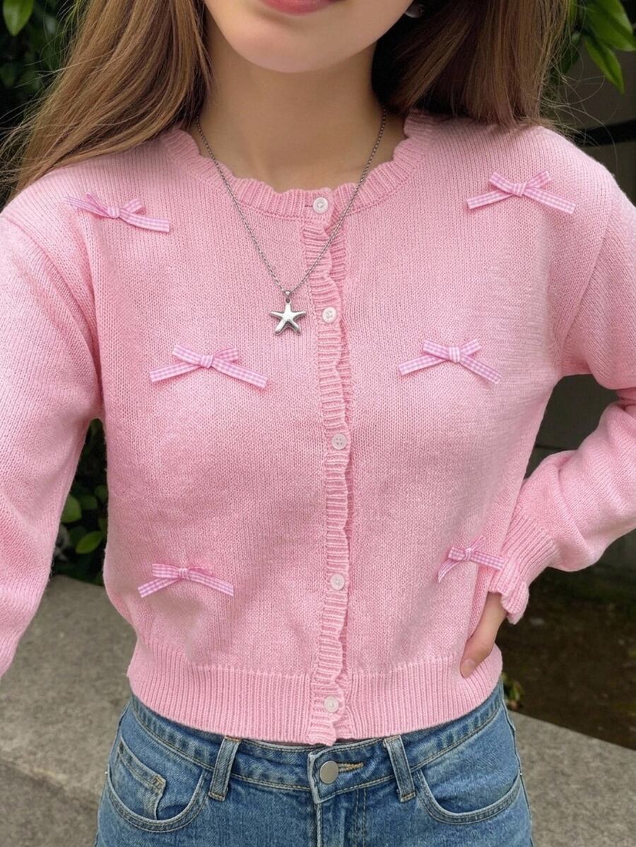 SHEIN Teen Girls Autumn/Winter Fashion Plaid Bow Minimalist Knitted Cardigan Long Sleeve,Back To School Clothes Girls - Pink - View 1