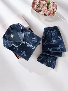 2 st/set söt sammet rosett blommigt tryck långärmad kofta och byxor, bekväma casual loungekläder för flickor - Marinblå - Visa 3