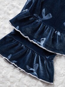 2 st/set söt sammet rosett blommigt tryck långärmad kofta och byxor, bekväma casual loungekläder för flickor - Marinblå - Visa 8