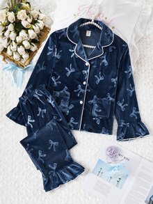 2 st/set söt sammet rosett blommigt tryck långärmad kofta och byxor, bekväma casual loungekläder för flickor - Marinblå - Visa 4