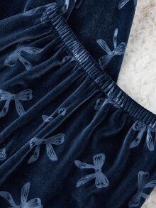 2 st/set söt sammet rosett blommigt tryck långärmad kofta och byxor, bekväma casual loungekläder för flickor - Marinblå - Visa 7