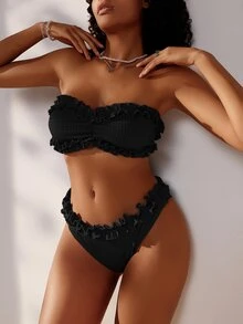 Bloopia Bikini bandeau de mujer con volantes, para playa de verano - Negro - Ver 3