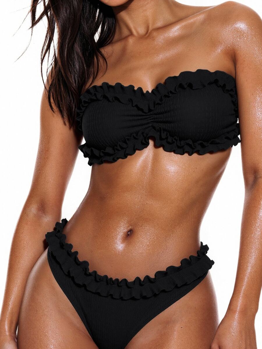 Bloopia Bikini bandeau de mujer con volantes, para playa de verano - Negro - Ver 1