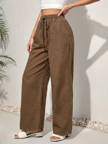SHEIN PETITE CURVE 女款大尺碼腰部綁帶寬腿寬鬆休閒牛仔褲 秋季 - 棕色 - 查看 3