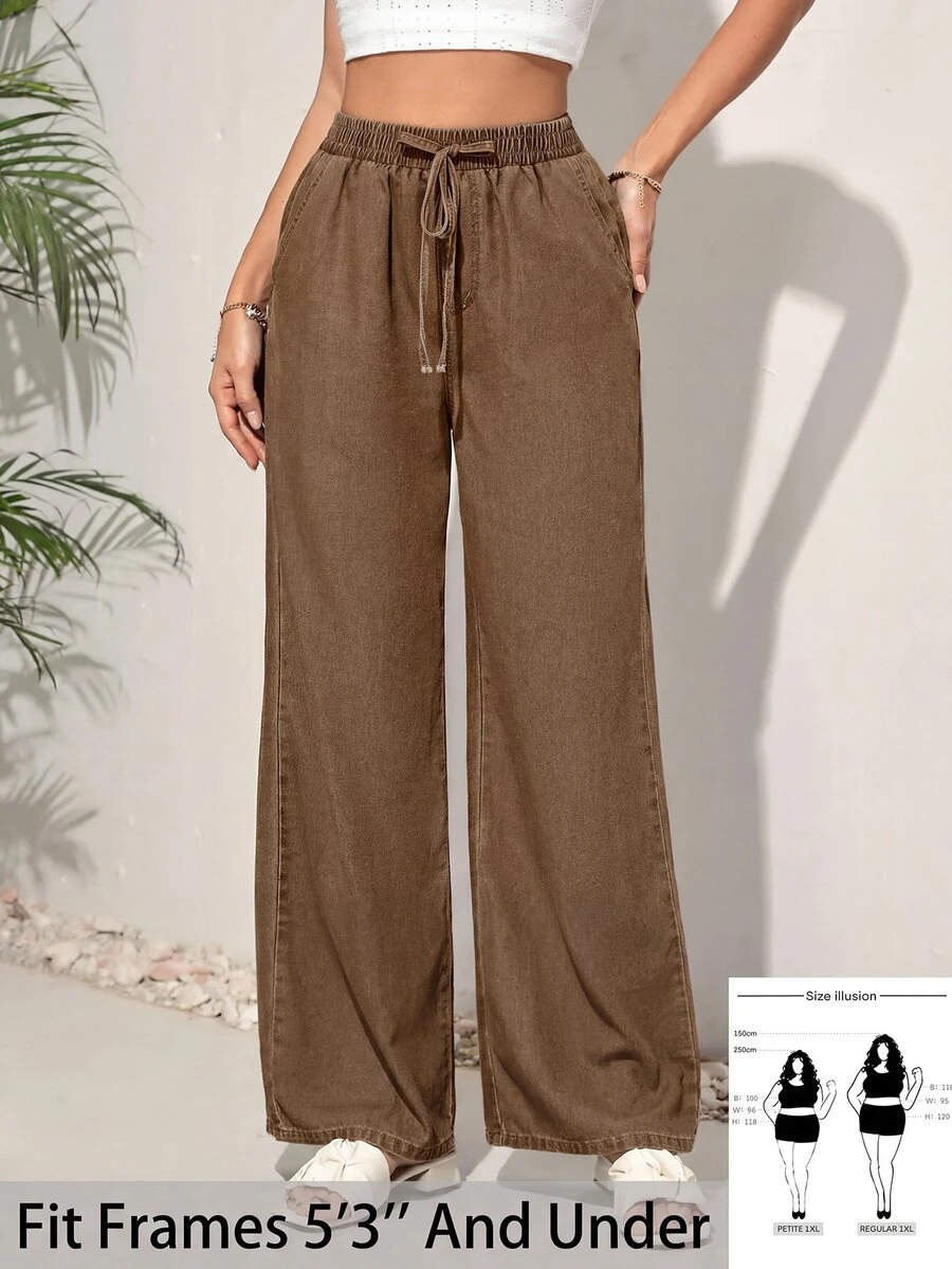 SHEIN PETITE CURVE 女款大尺碼腰部綁帶寬腿寬鬆休閒牛仔褲 秋季 - 棕色 - 查看 1