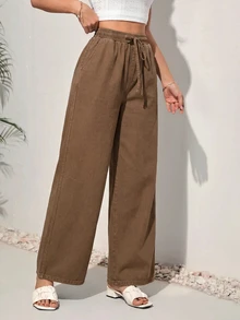 SHEIN PETITE CURVE 女款大尺碼腰部綁帶寬腿寬鬆休閒牛仔褲 秋季 - 棕色 - 查看 5