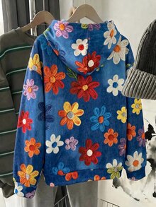 少女休閒日常花卉印花秋冬衛衣 - 藍色 - 查看 3