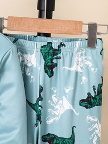 SHEIN 小男孩卡通恐龍兒童圖案休閒簡約修身舒適長袖圓領居家褲，適合四季穿著 - 彩色 - 查看 4