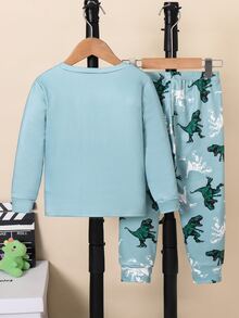 SHEIN 小男孩卡通恐龍兒童圖案休閒簡約修身舒適長袖圓領居家褲，適合四季穿著 - 彩色 - 查看 3