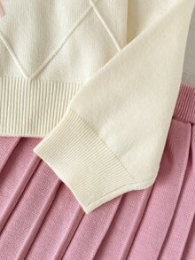 SHEIN 青少年女孩毛衣套裝，彼得潘領與蝴蝶結，幾何菱形針織圖案，柔軟舒適面料，長袖，秋冬返校季 - 粉色 - 查看 6