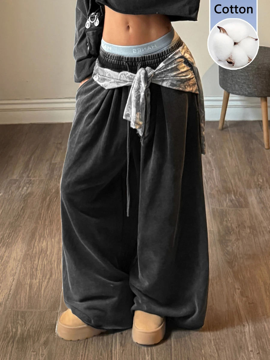 Muchica Charcoal Knitted Pleated Washed Cotton Women's Casual Wide-Leg ...