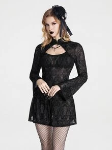 Breakform Gothic Sexy Halloween Retro Dark-Style Mesh Flocked Mini Dress With Architectural Print Night Club Night Out Black Fall - Black - View 1