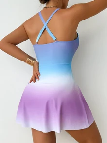 SHEIN Swim 女士休闲渐变色交叉露背连体泳衣 - 彩色 - 查看 2