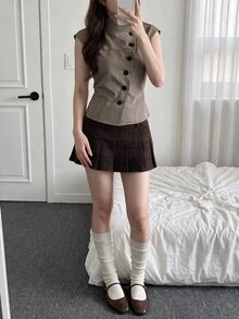 Comfortcana Women's Summer Casual Plaid Asymmetric Front Sleeveless Jacket - Brown - View 2