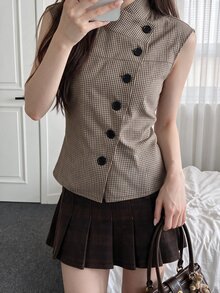 Comfortcana Women's Summer Casual Plaid Asymmetric Front Sleeveless Jacket - Brown - View 3