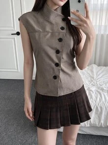 Comfortcana Women's Summer Casual Plaid Asymmetric Front Sleeveless Jacket - Brown - View 1