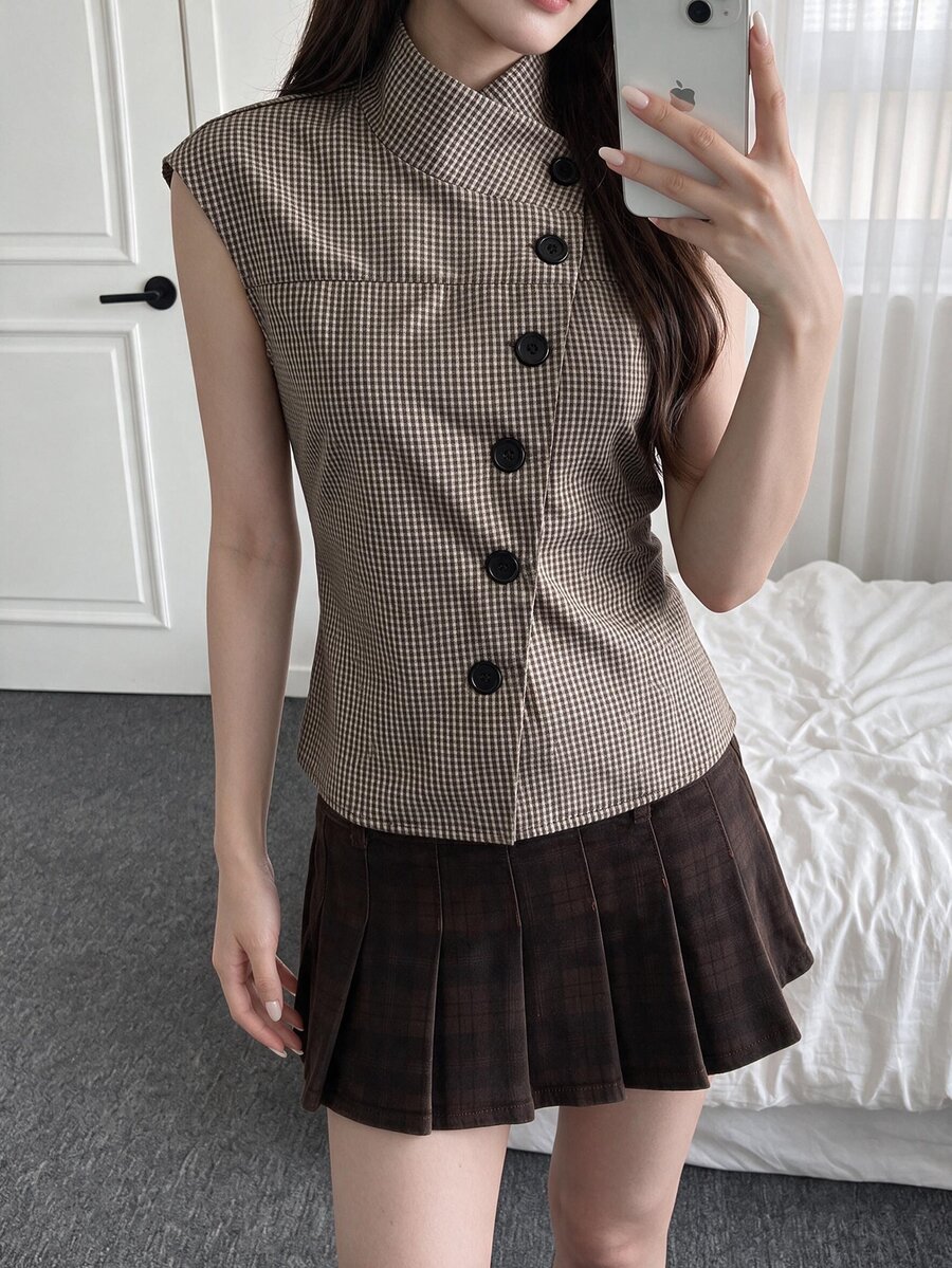 Comfortcana Women's Summer Casual Plaid Asymmetric Front Sleeveless Jacket - Brown - View 1