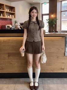Comfortcana Women's Plaid Short Petal Sleeve Single-Breasted Collegiate Style Blouse - Coffee Brown - View 5