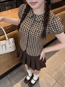 Comfortcana Women's Plaid Short Petal Sleeve Single-Breasted Collegiate Style Blouse - Coffee Brown - View 2