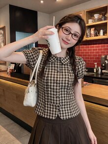 Comfortcana Women's Plaid Short Petal Sleeve Single-Breasted Collegiate Style Blouse - Coffee Brown - View 4