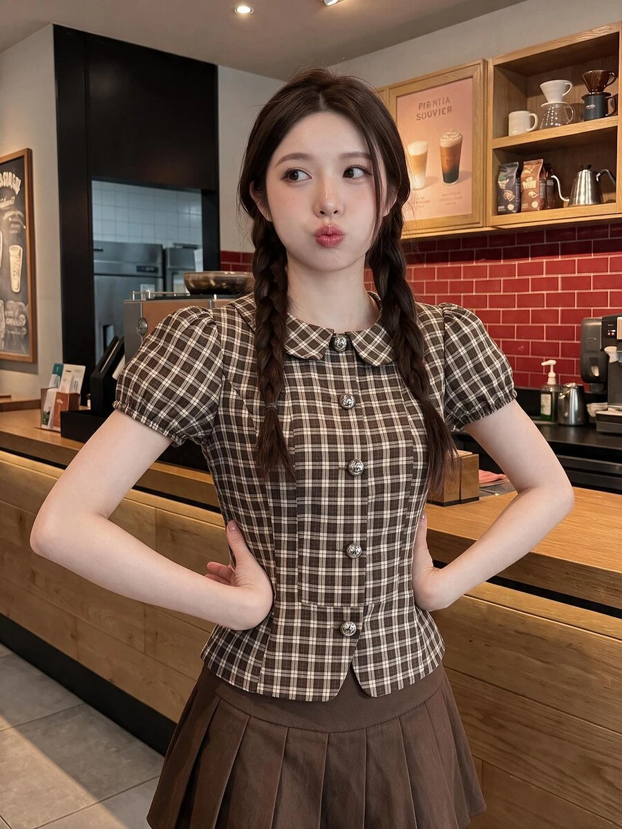 Comfortcana Women's Plaid Short Petal Sleeve Single-Breasted Collegiate Style Blouse - Coffee Brown - View 1